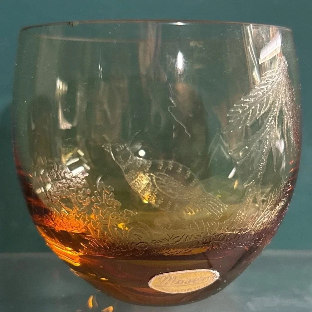 Vintage Moser‎ etched birds bohemian Czech crystal bar glasses